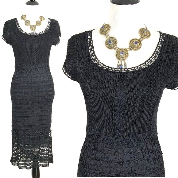 Papillon Blanc Dresses & Skirts - Vintage 90’s Kroshetta By Papillon Black Crochet Midi Dress Size S